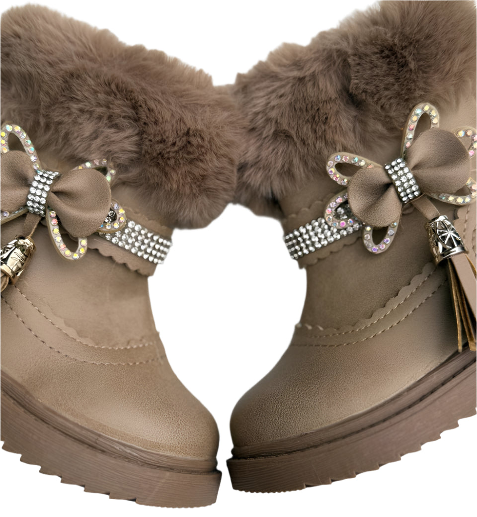 Elegant fur-lined winter boots with sparkling floral accents for cozy, stylish steps.