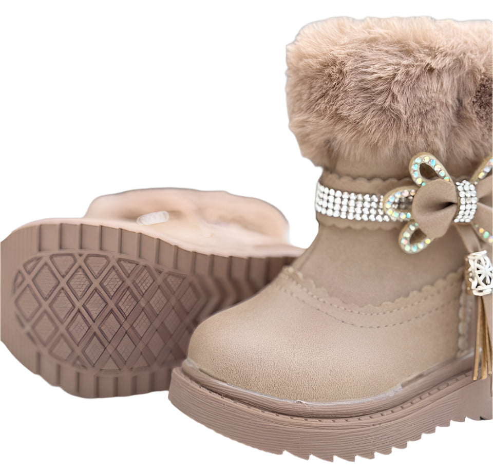 Elegant fur-lined winter boots with sparkling floral accents for cozy, stylish steps.