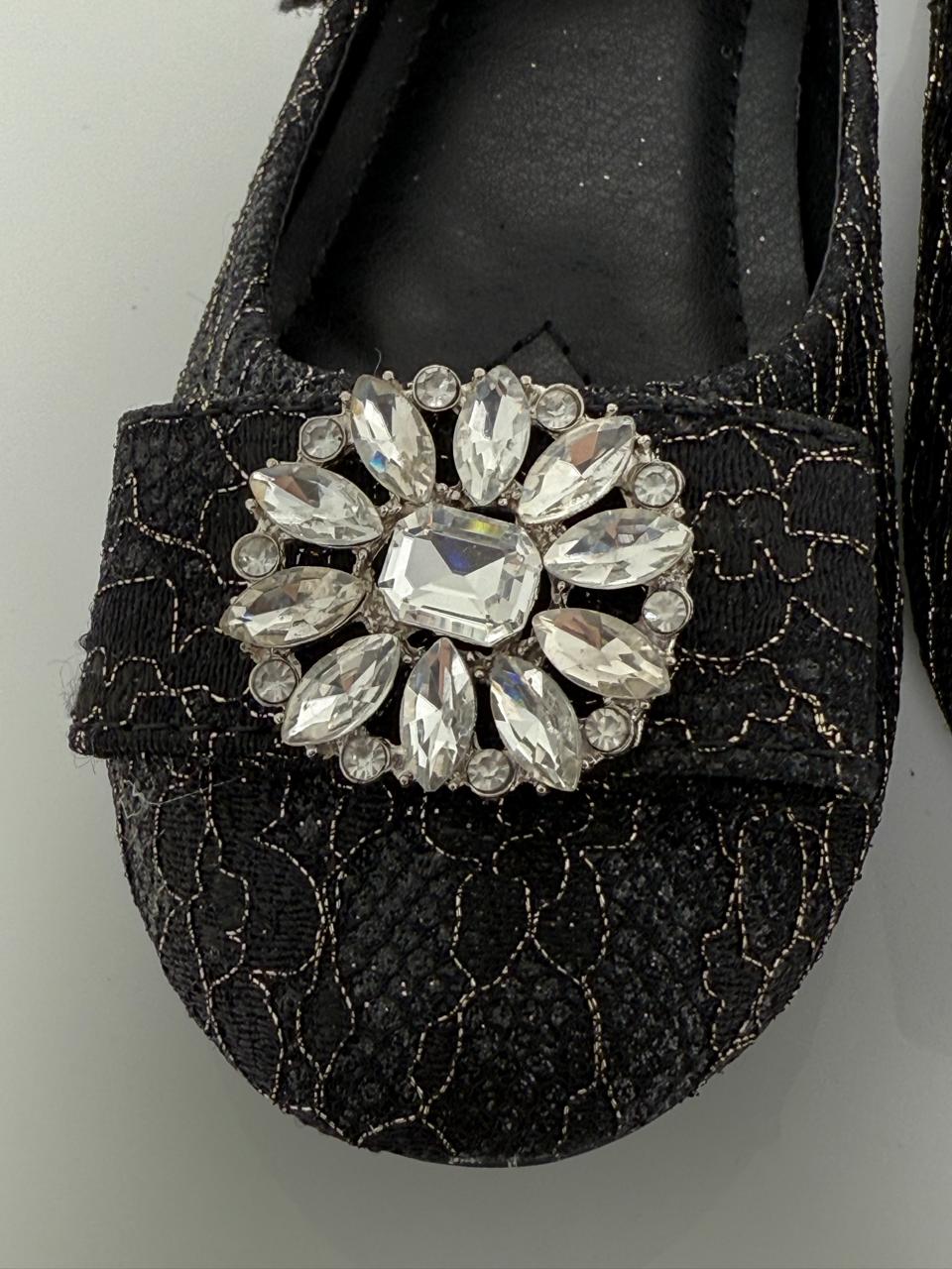 ✨ Black Glitter Mary Jane Flats with Crystal Flower Brooch ✨