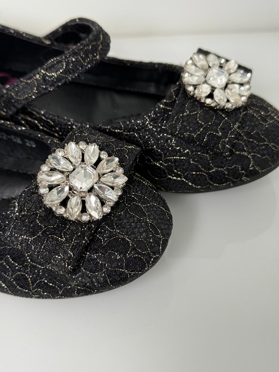 ✨ Black Glitter Mary Jane Flats with Crystal Flower Brooch ✨