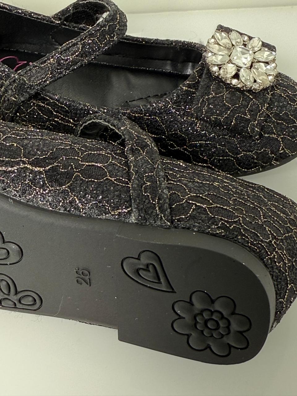 ✨ Black Glitter Mary Jane Flats with Crystal Flower Brooch ✨