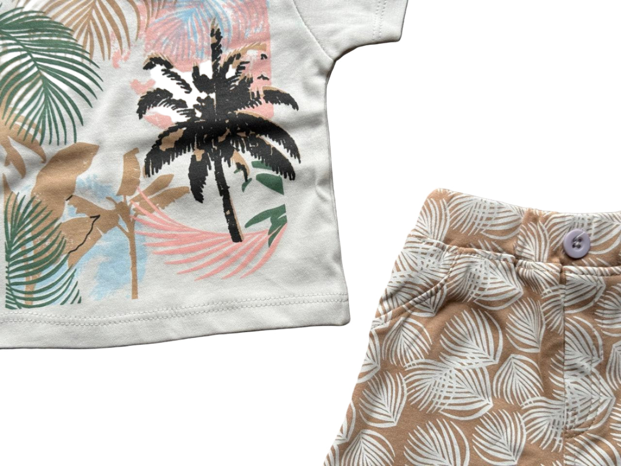 “Tropical palm print baby outfit – comfy cotton shirt & shorts set..