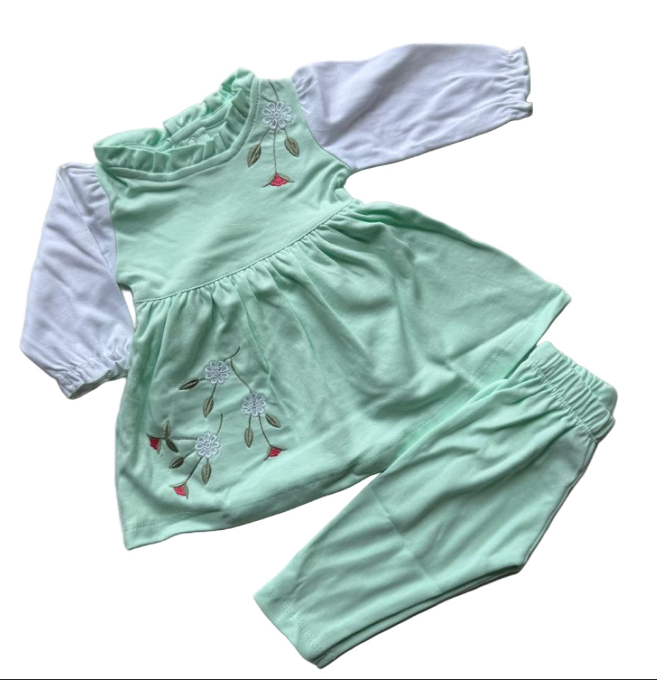 “Dress your little angel in comfort and style with this peach blossom outfit set.”