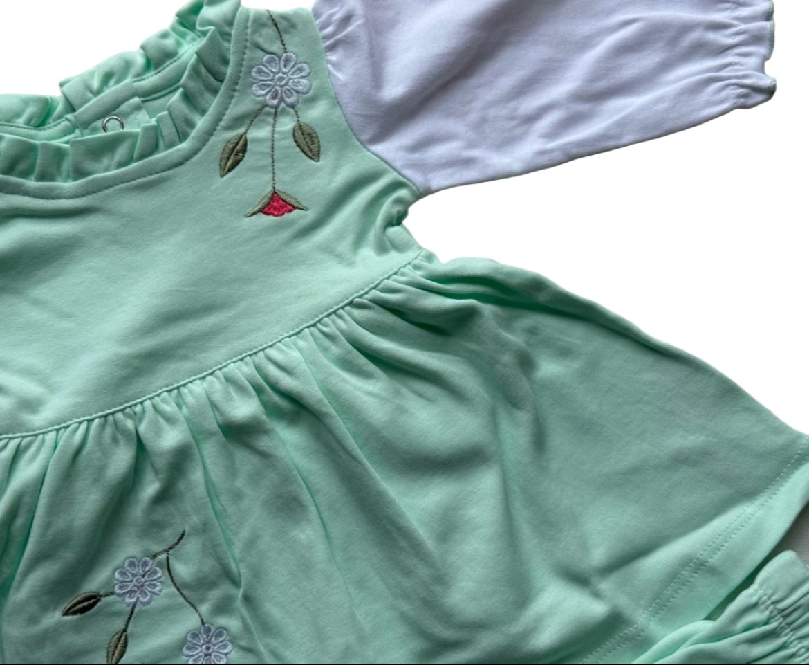 “Dress your little angel in comfort and style with this peach blossom outfit set.”