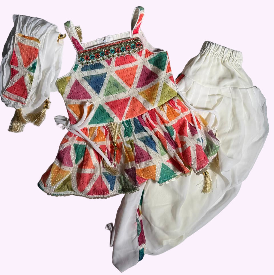 Colorful Kurta with Dhoti Pants & Dupatta – Girls Wear