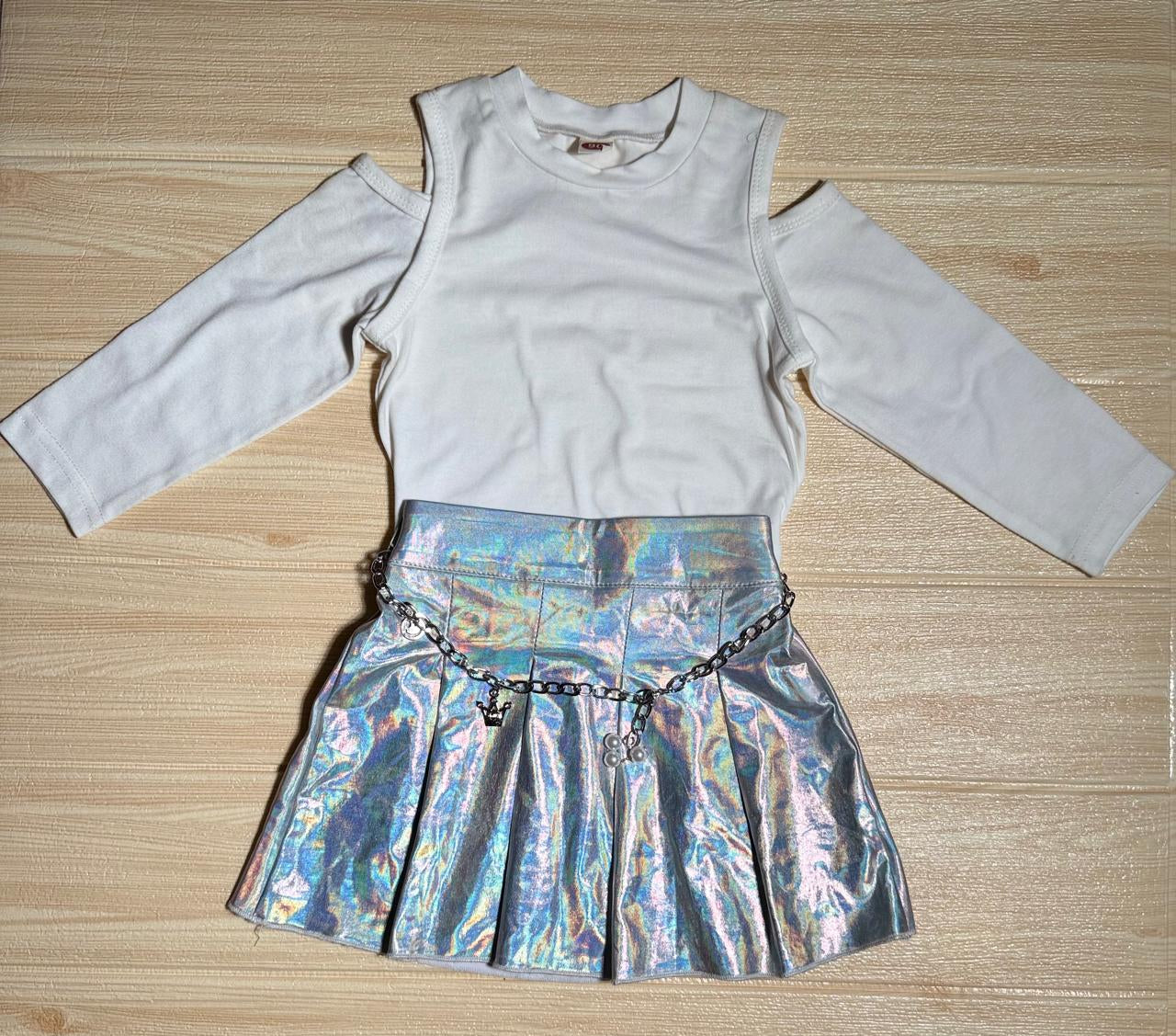 🌈 Stylish Cold Shoulder Top & Holographic Skirt Set