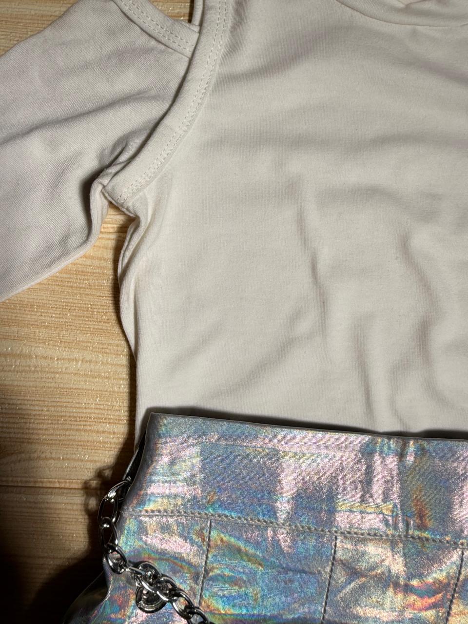 🌈 Stylish Cold Shoulder Top & Holographic Skirt Set