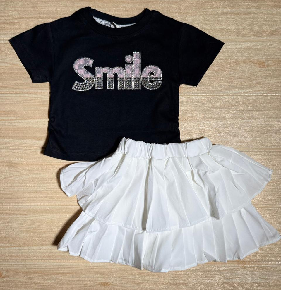 🌸 Girls’ “Smile” T-Shirt & Layered Skirt Set
