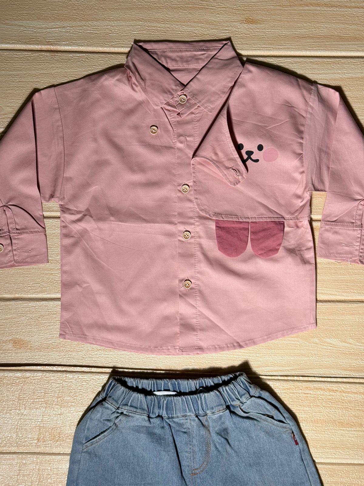 👕 Adorable Pink Bear Shirt &amp; Denim Pants Set for Boys
