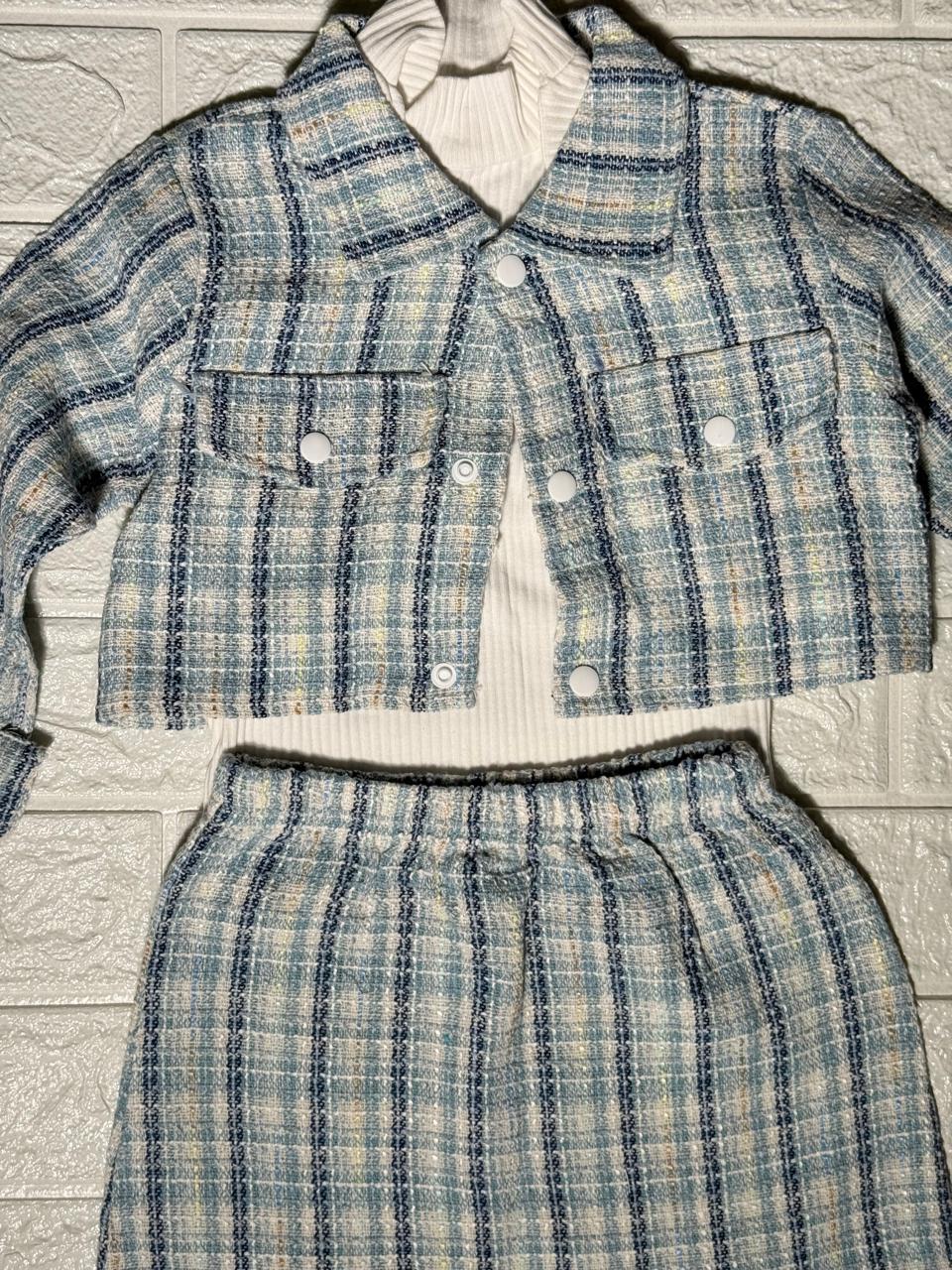 Blue Tweed Skirt &amp; Jacket Set for Girls {3 pcs set}