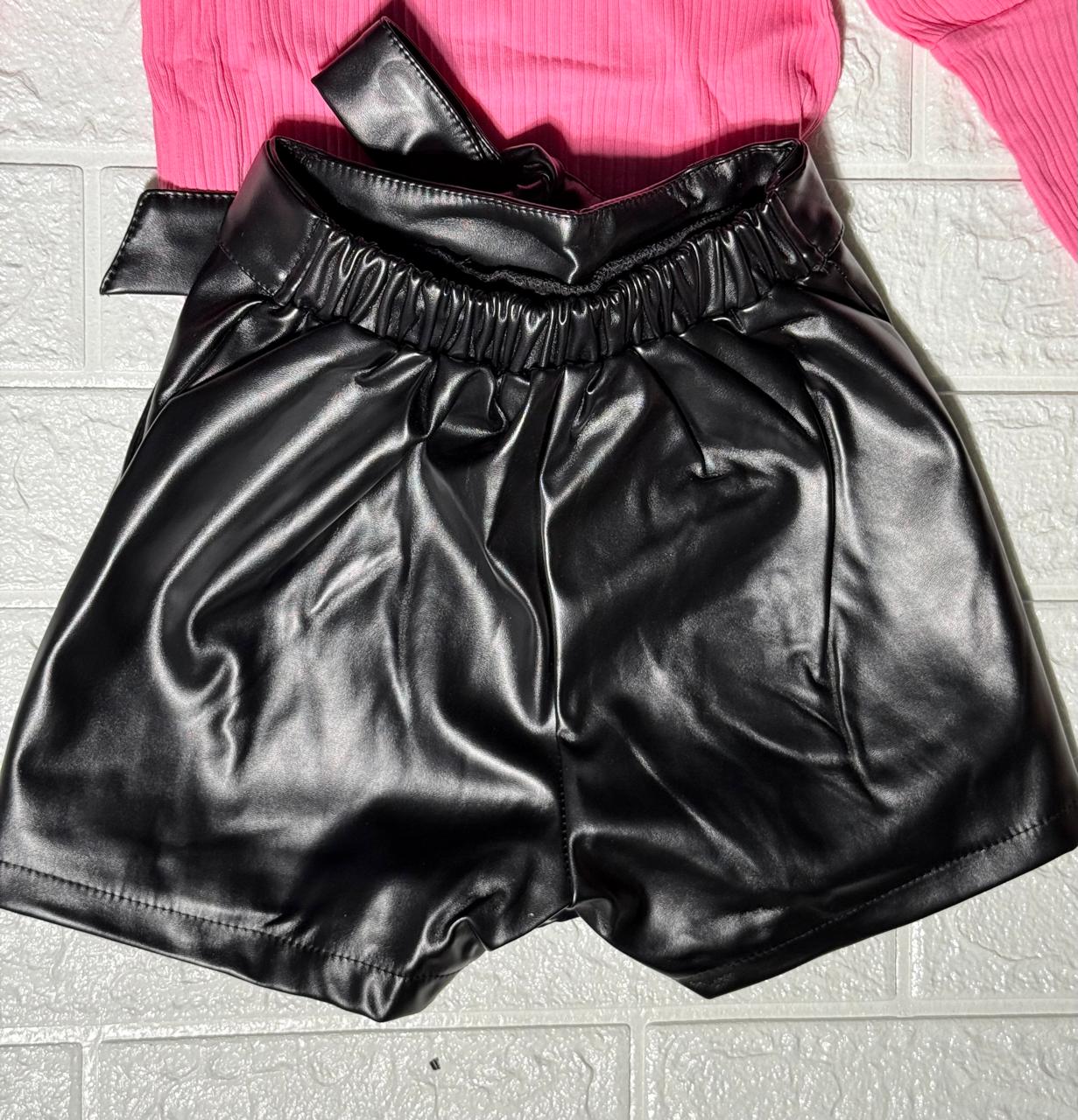 Girls’ Chic Pink Ribbed Top & Black Faux Leather Shorts Set