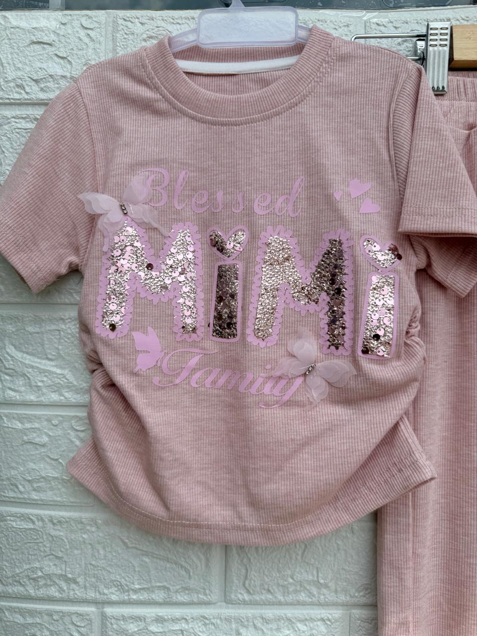 ✨ Blessed MIMI Family Girls’ Two-Piece Outfit – Grey with Pink Sequin Detailing ✨