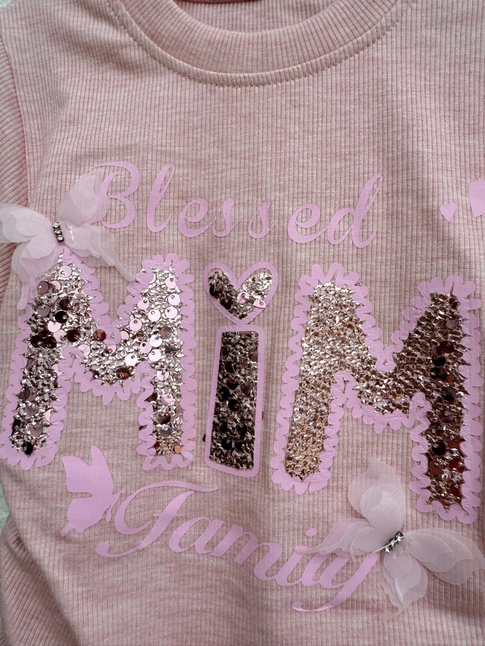 ✨ Blessed MIMI Family Girls’ Two-Piece Outfit – Grey with Pink Sequin Detailing ✨