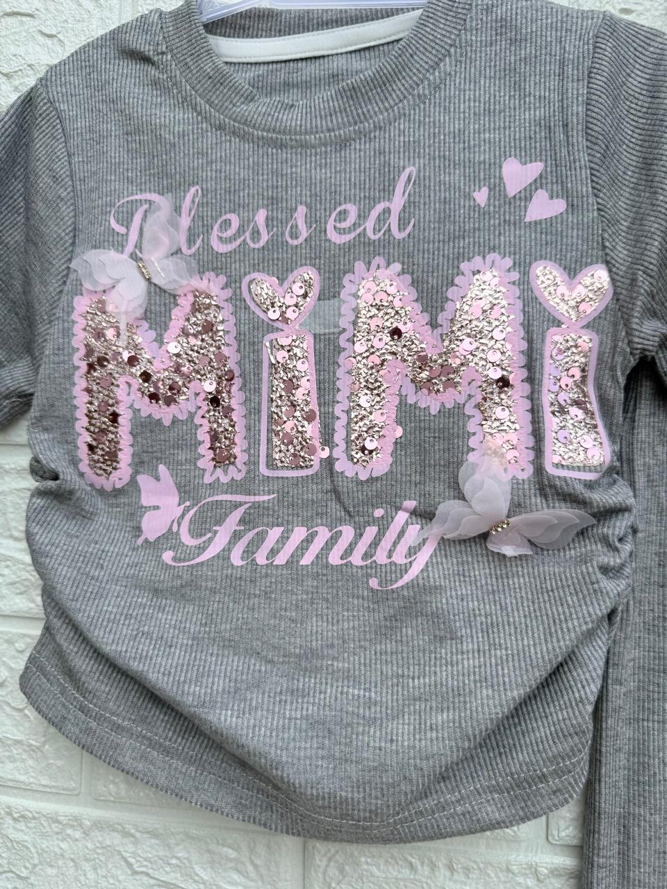 ✨ Blessed MIMI Family Girls’ Two-Piece Outfit – Grey with Pink Sequin Detailing ✨