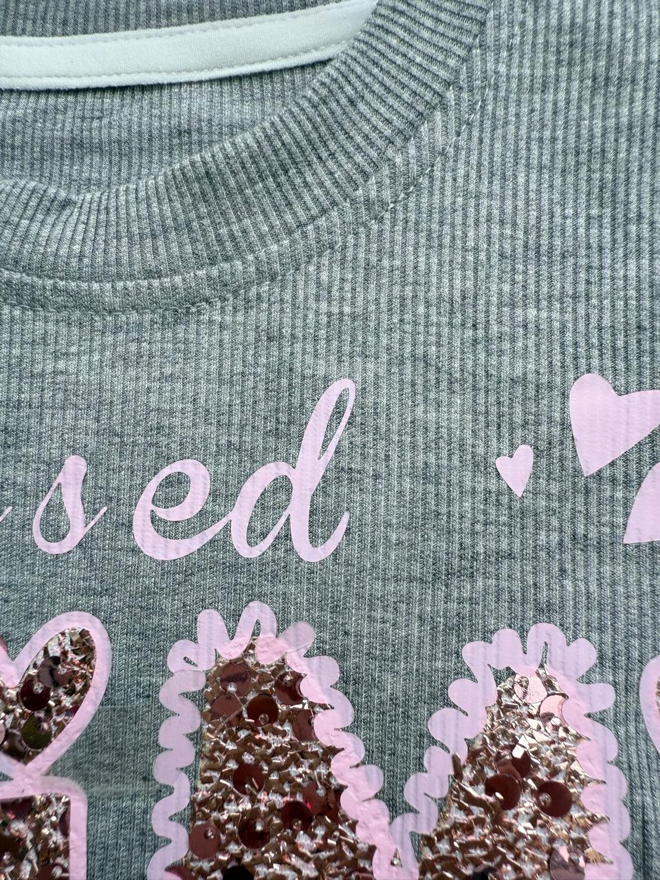 ✨ Blessed MIMI Family Girls’ Two-Piece Outfit – Grey with Pink Sequin Detailing ✨