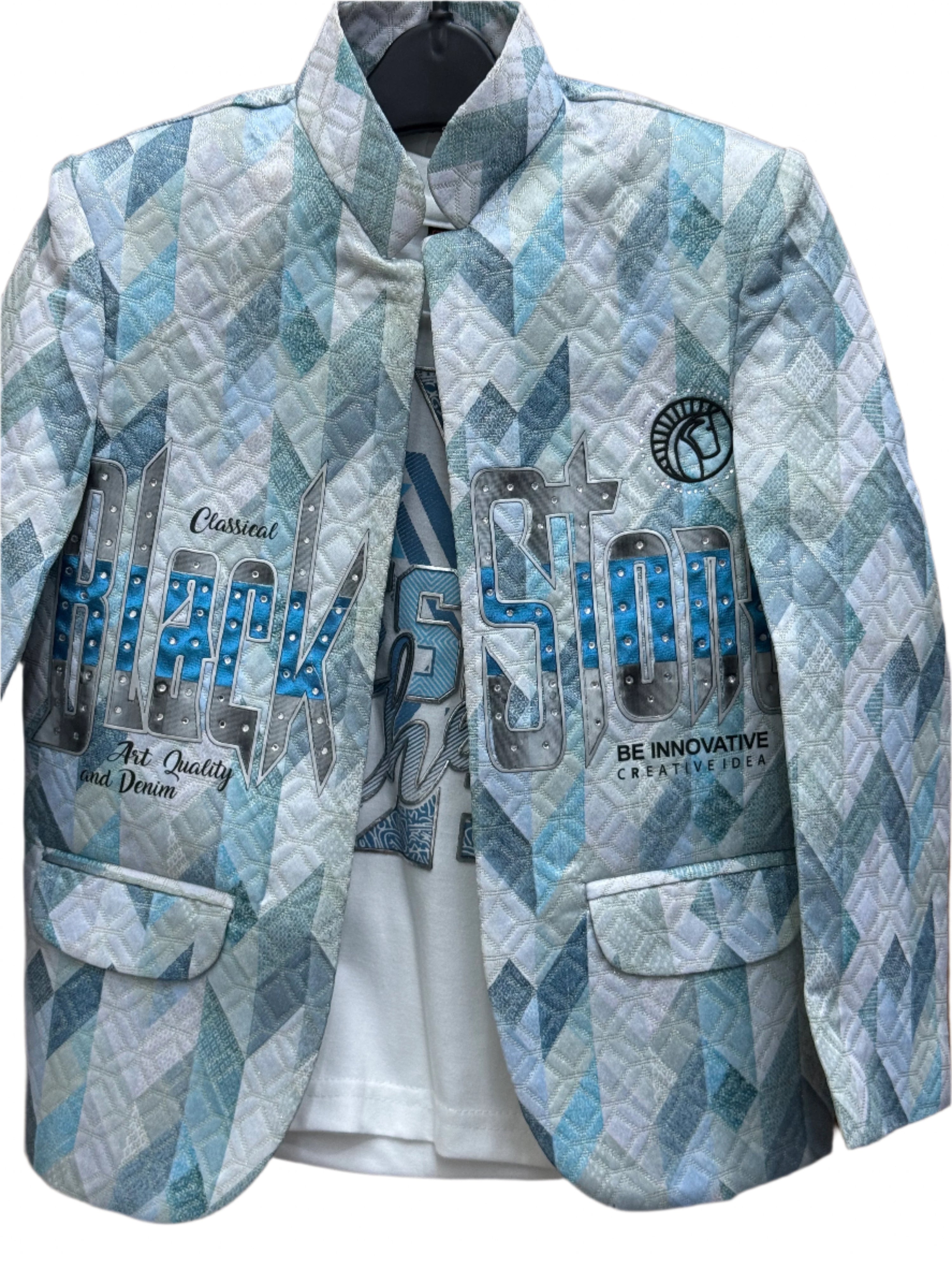 Blazer: Stylish light blue geometric print blazer with bold "Black Stone" graphic,