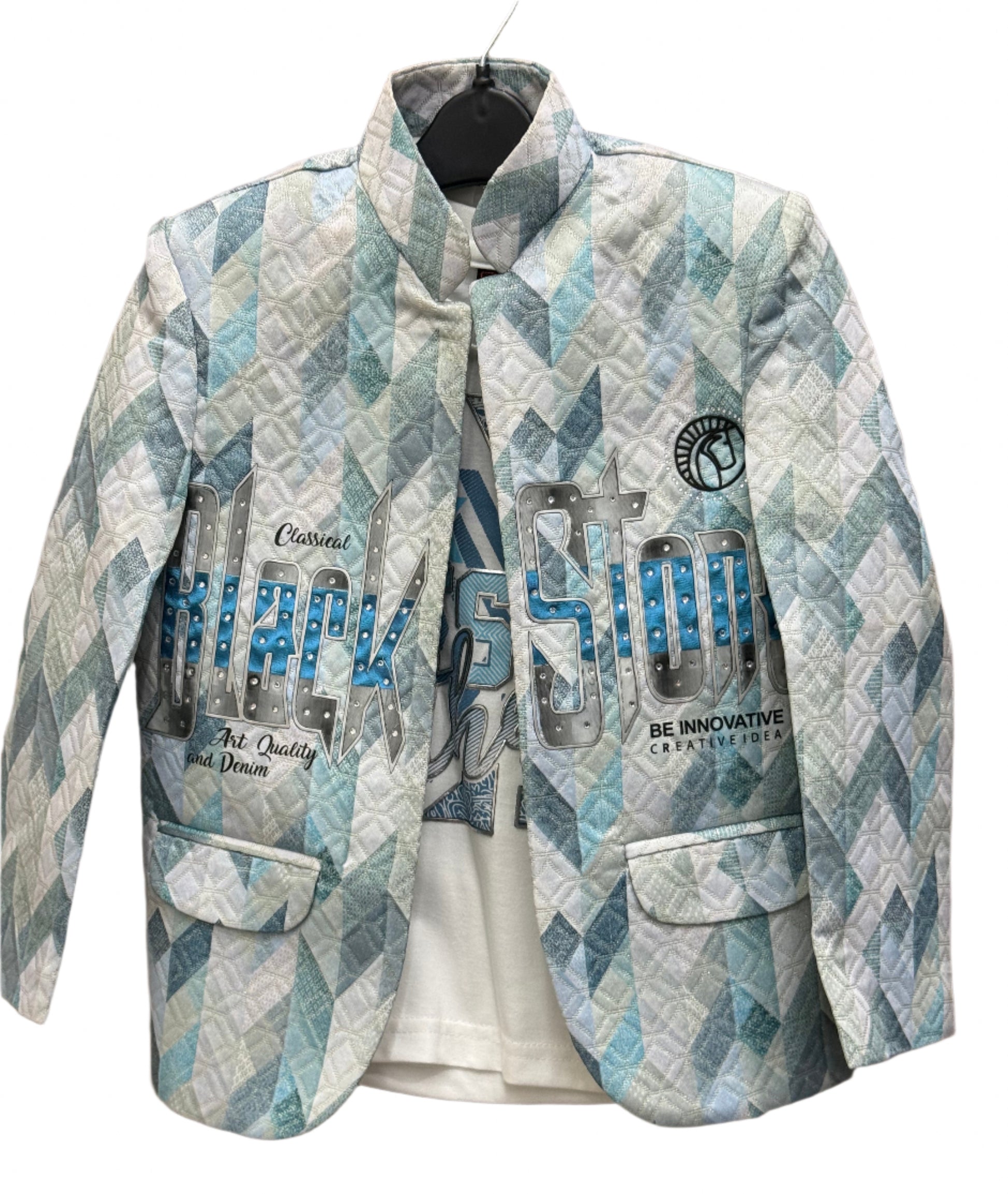 Blazer: Stylish light blue geometric print blazer with bold "Black Stone" graphic,