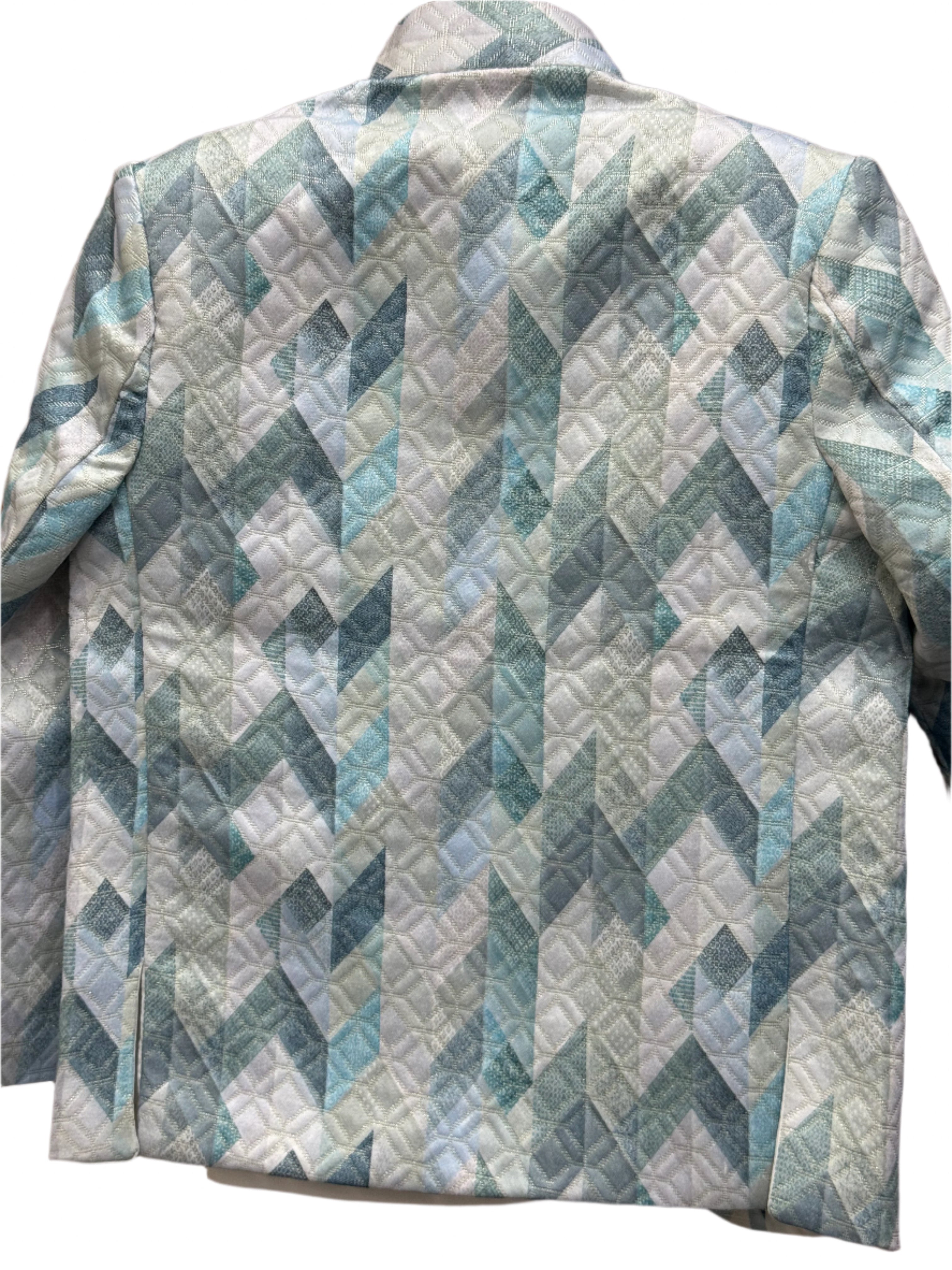 Blazer: Stylish light blue geometric print blazer with bold "Black Stone" graphic,