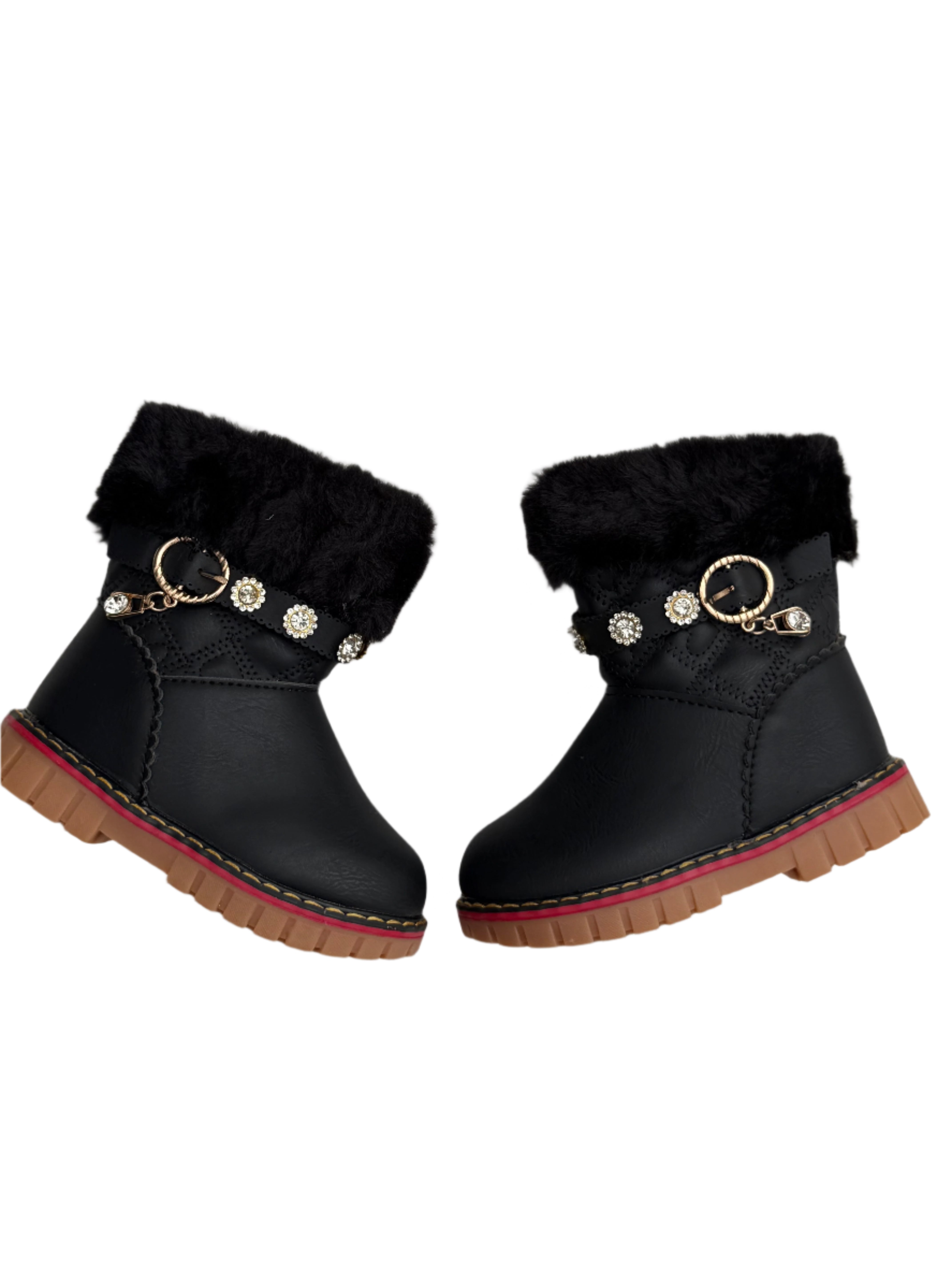 Cozy black winter boots with plush fur lining, pearl-studded strap, and golden.