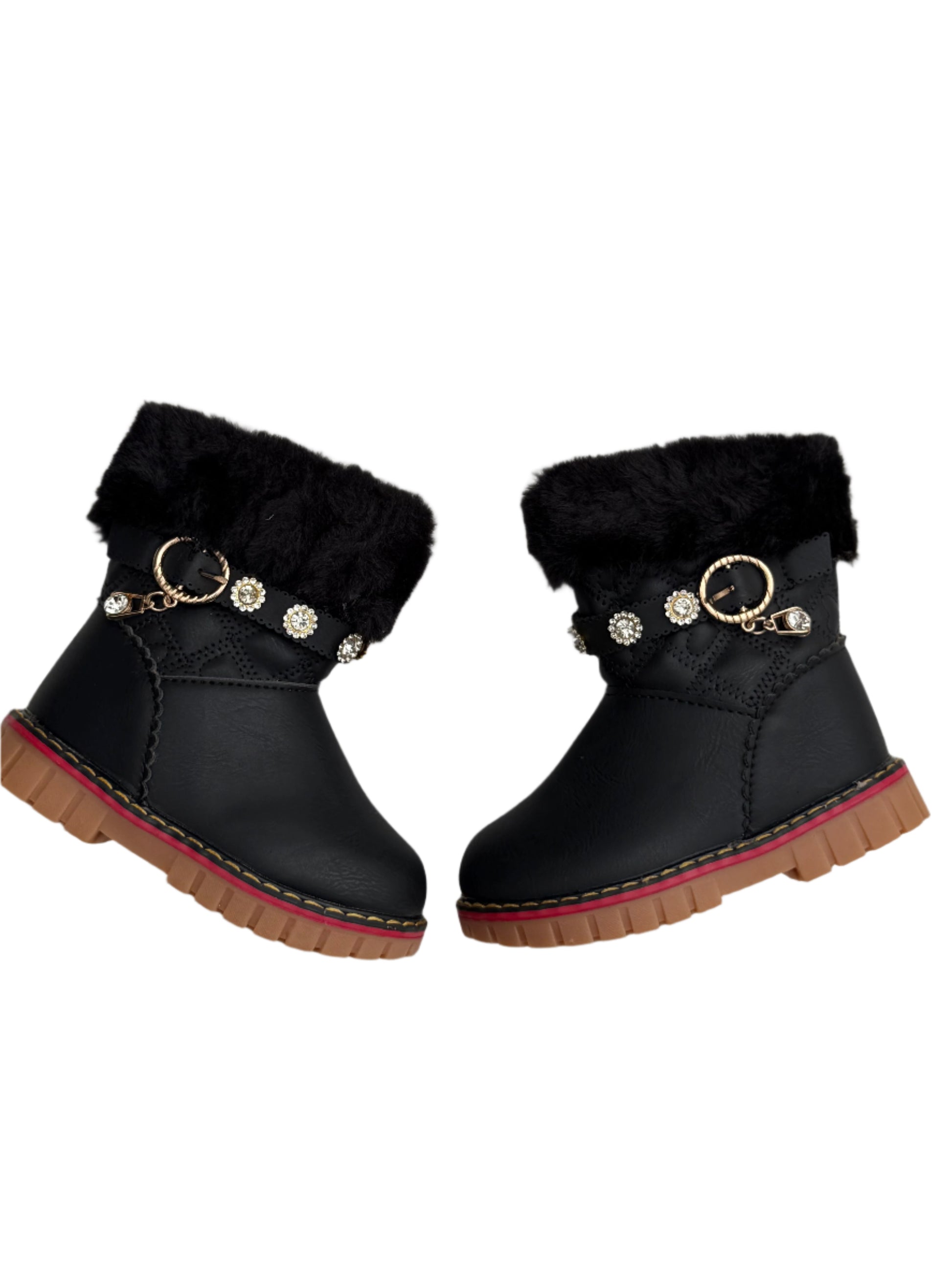 Cozy black winter boots with plush fur lining, pearl-studded strap, and golden.