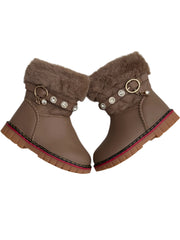 Cozy black winter boots with plush fur lining, pearl-studded strap, and golden.