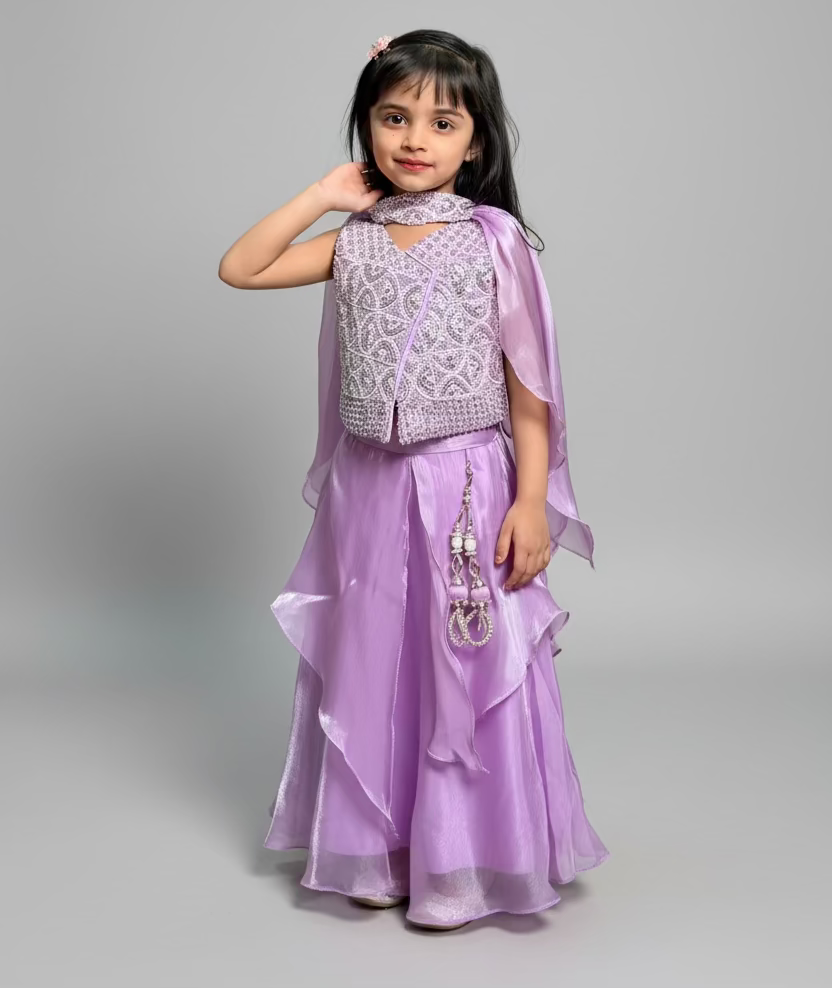 Girls Lavender Designer Lehenga Choli Set – Luxury Embroidered Party, Wedding & Festive Outfit for Kids