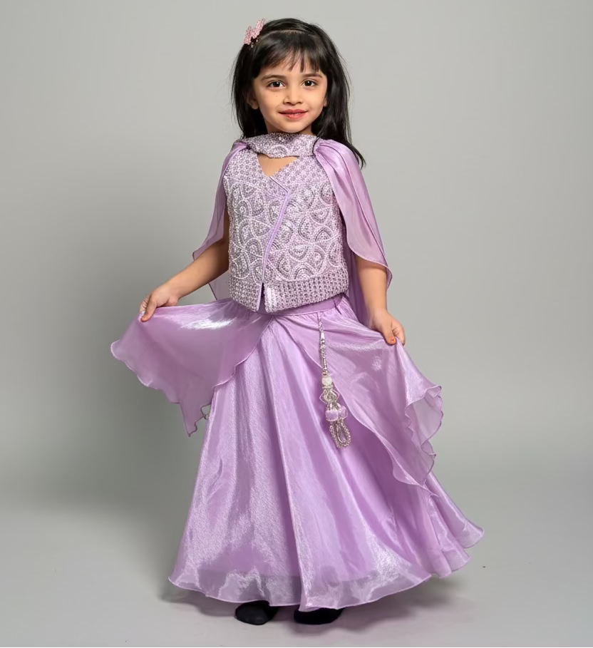 Girls Lavender Designer Lehenga Choli Set – Luxury Embroidered Party, Wedding & Festive Outfit for Kids
