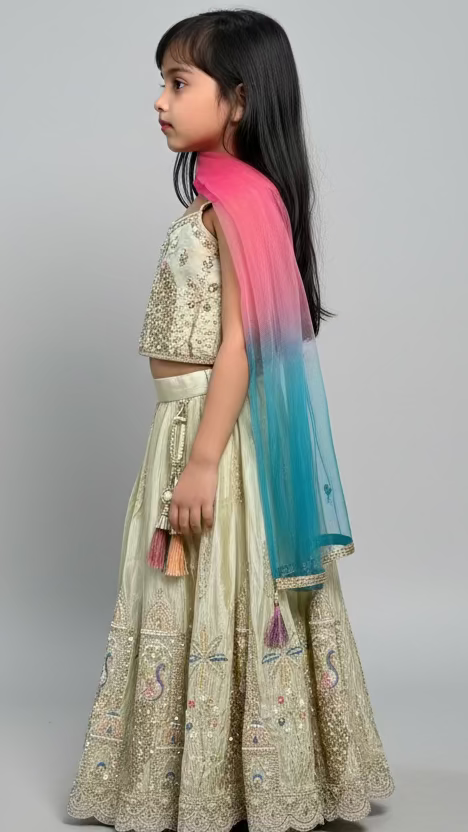 Girls Designer Gold Peacock Embroidered Lehenga Choli Set with Multicolor Dupatta – Luxury Wedding & Festive Outfit for Kids