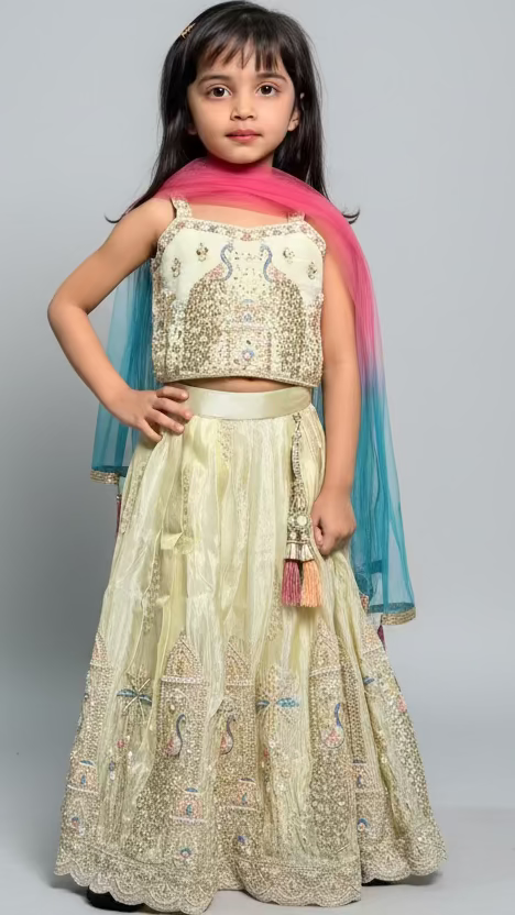 Girls Designer Gold Peacock Embroidered Lehenga Choli Set with Multicolor Dupatta – Luxury Wedding & Festive Outfit for Kids
