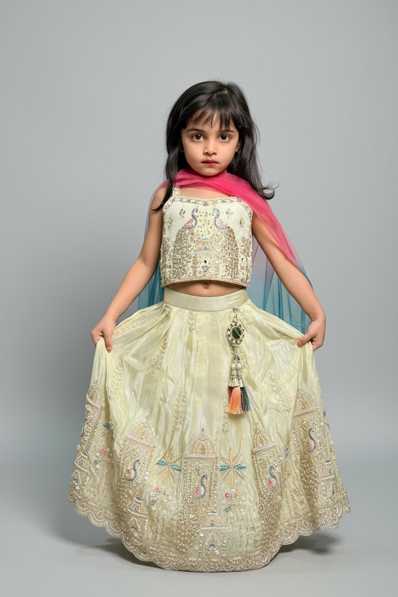 Girls Designer Gold Peacock Embroidered Lehenga Choli Set with Multicolor Dupatta – Luxury Wedding & Festive Outfit for Kids-zoom-