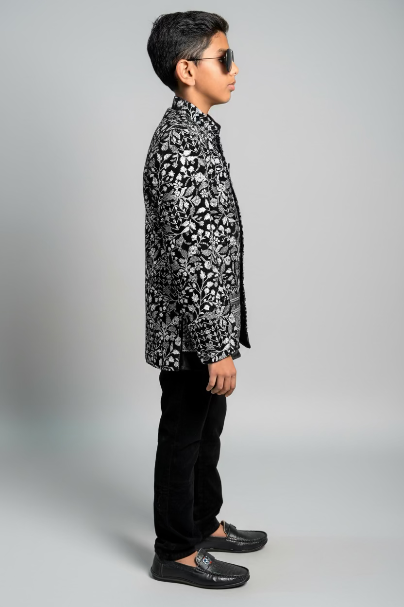 Boys Black & Silver Heavy Embroidered Indo-Western Sherwani Set – Luxury Wedding & Party Outfit for Kids