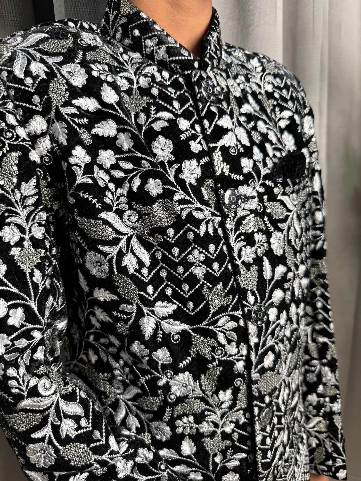 Boys Black & Silver Heavy Embroidered Indo-Western Sherwani Set – Luxury Wedding & Party Outfit for Kids