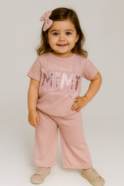 ✨ Blessed MIMI Family Girls’ Two-Piece Outfit – Grey with Pink Sequin Detailing ✨
