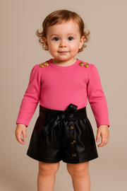Girls’ Chic Pink Ribbed Top & Black Faux Leather Shorts Set
