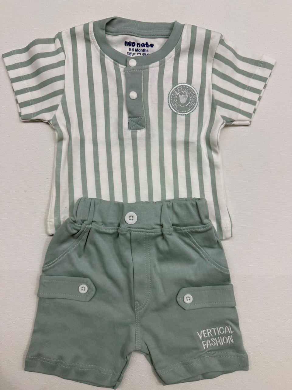Soft green striped set with cute bear badge