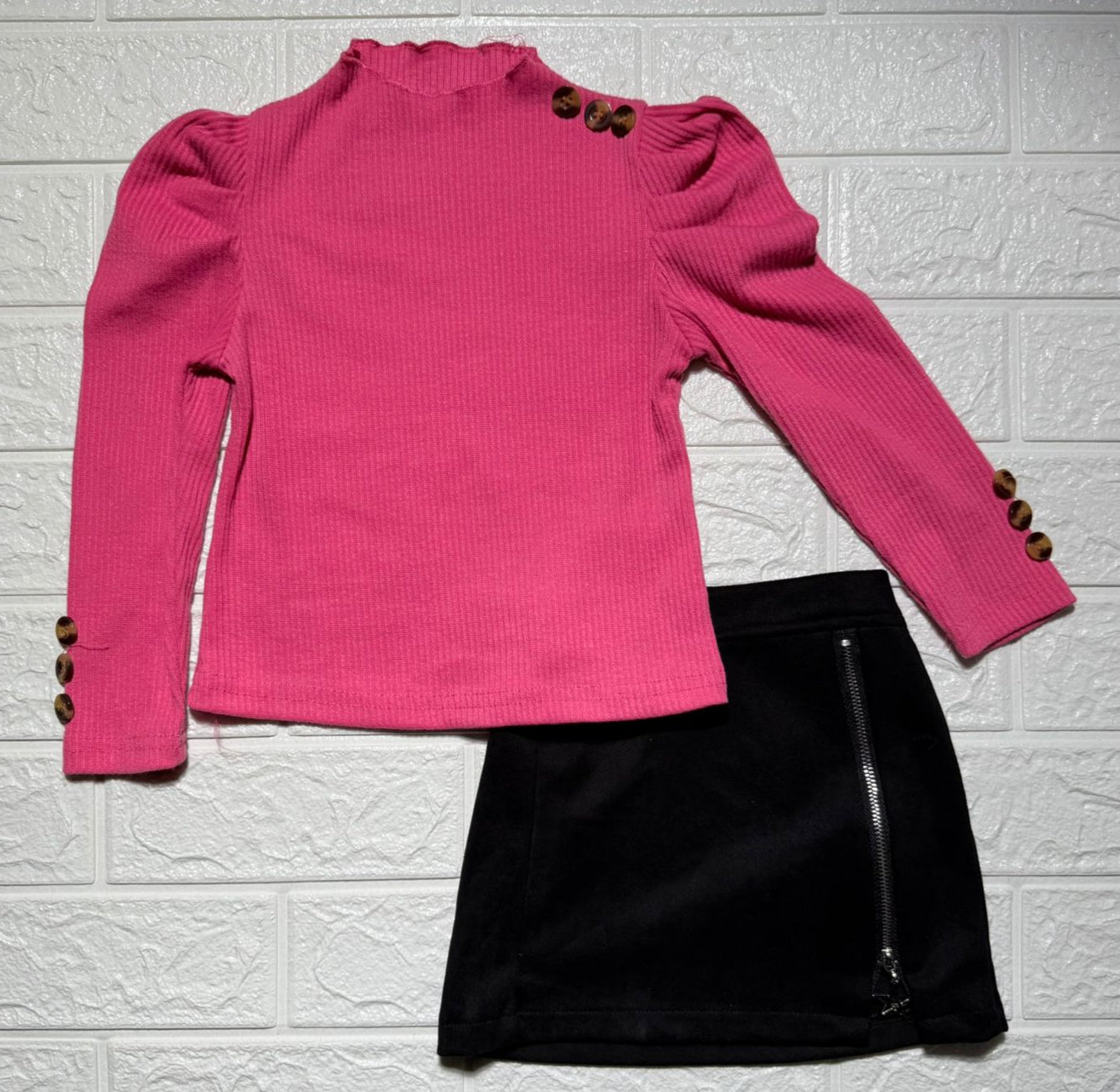 🌸 Stylish Pink Puff-Sleeve Top & Black Skirt Set 🌸