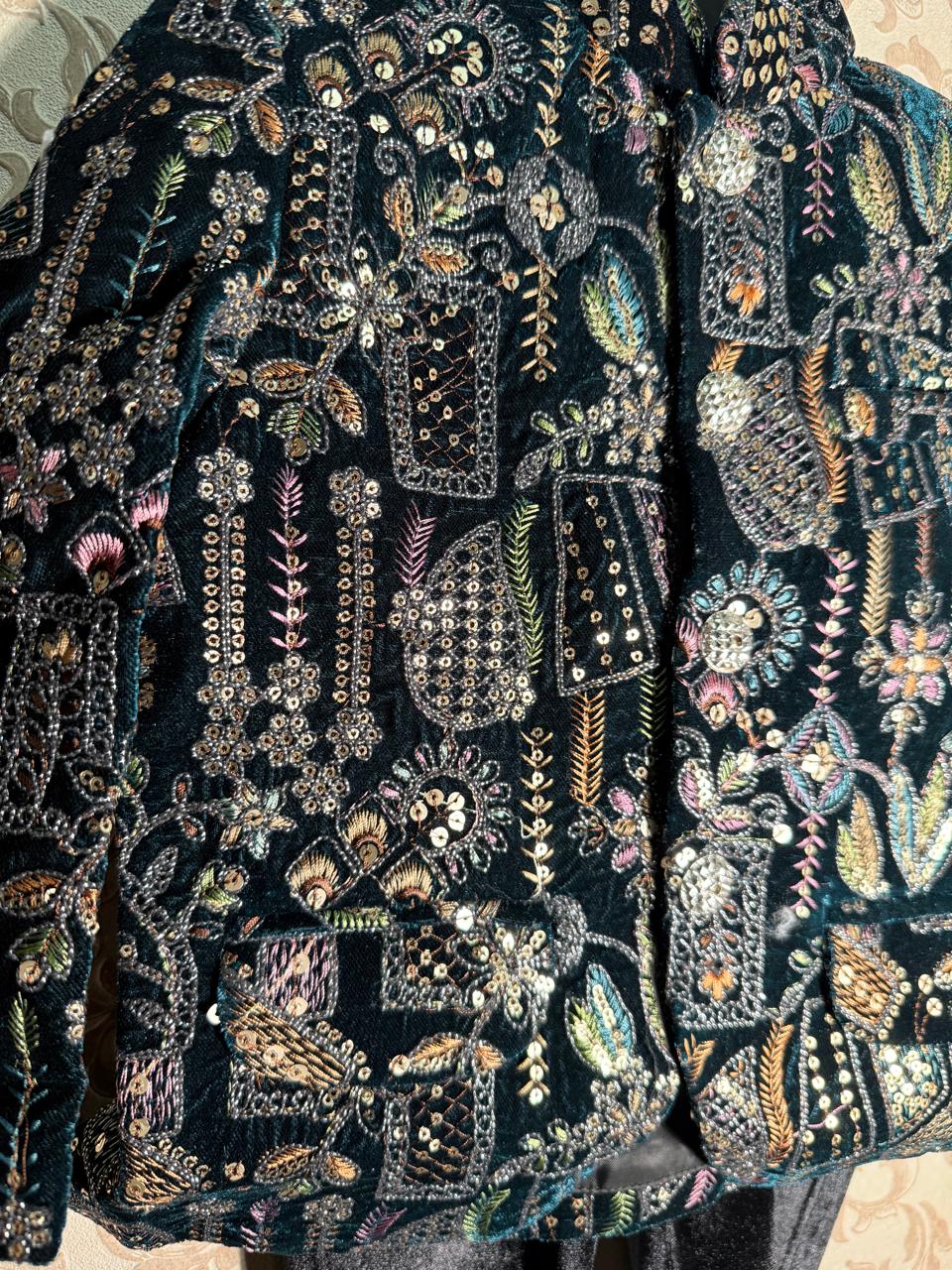 Designer Embroidered Velvet Baby Boy Outfit – Dark Peacock Green