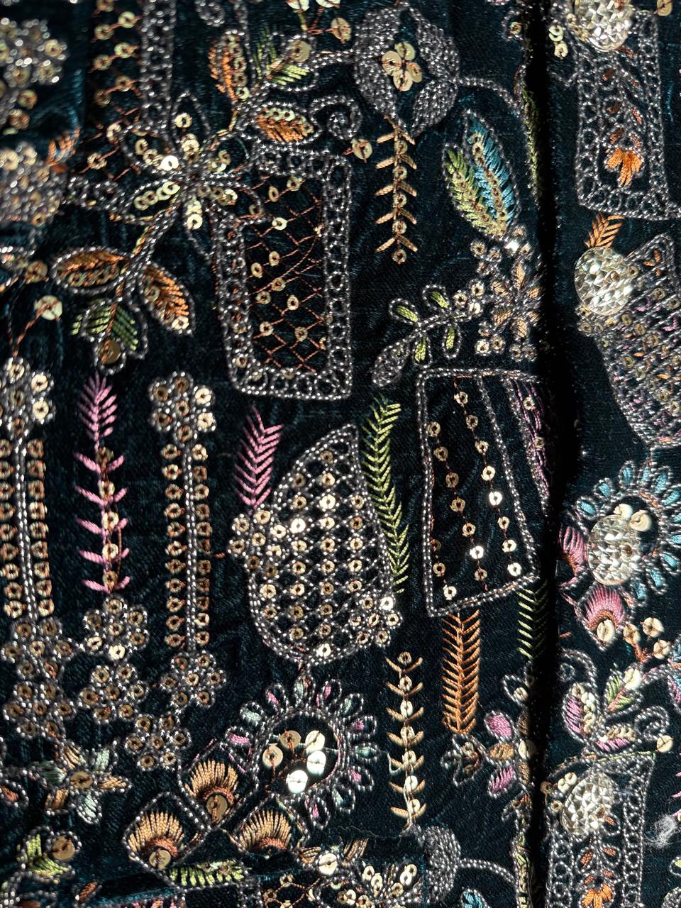 Designer Embroidered Velvet Baby Boy Outfit – Dark Peacock Green