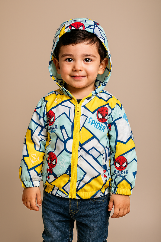 Vibrant Spider-Man kids jacket with hood, perfect for cozy superhero style.