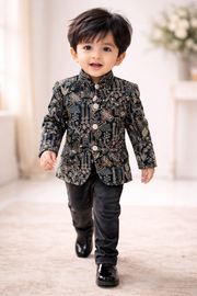 Designer Embroidered Velvet Baby Boy Outfit – Dark Peacock Green
