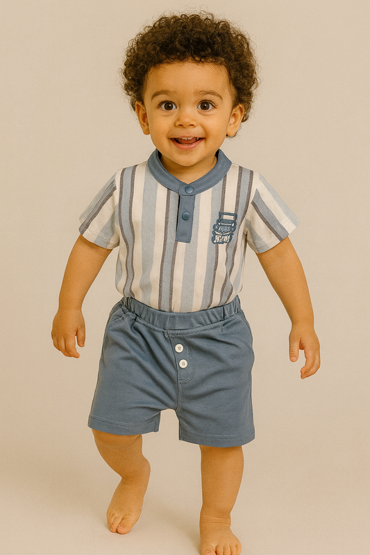 Stylish striped tee and comfy blue shorts set for your little Jeep Boy!