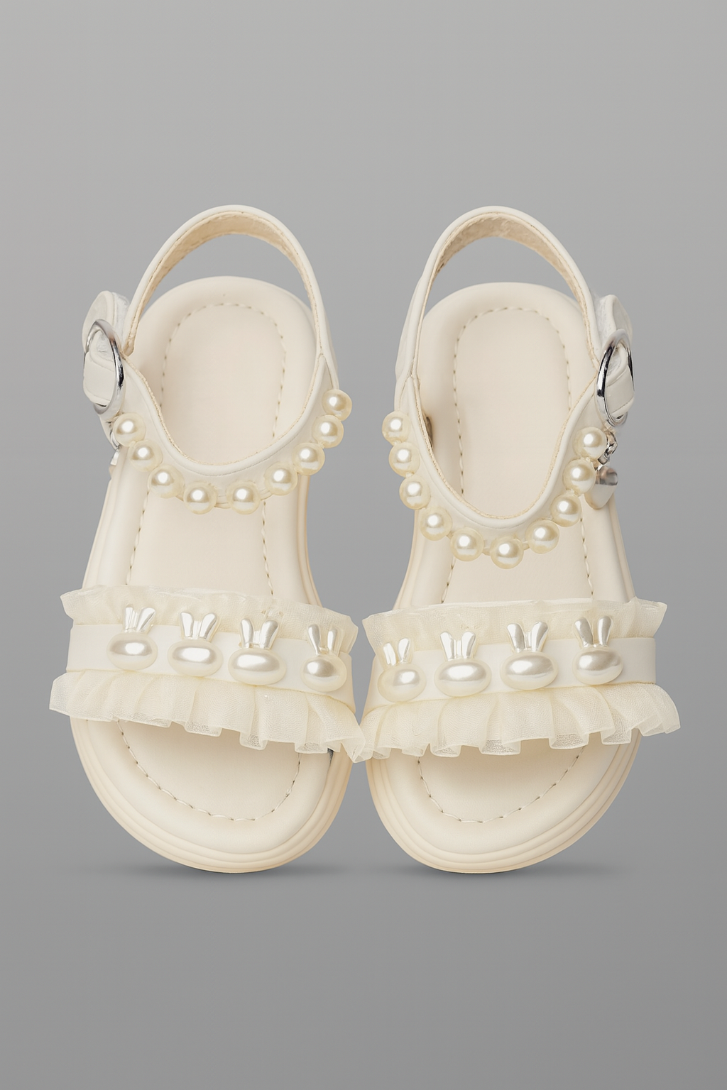 Step into cuteness with our pearl bunny ruffle sandals!"