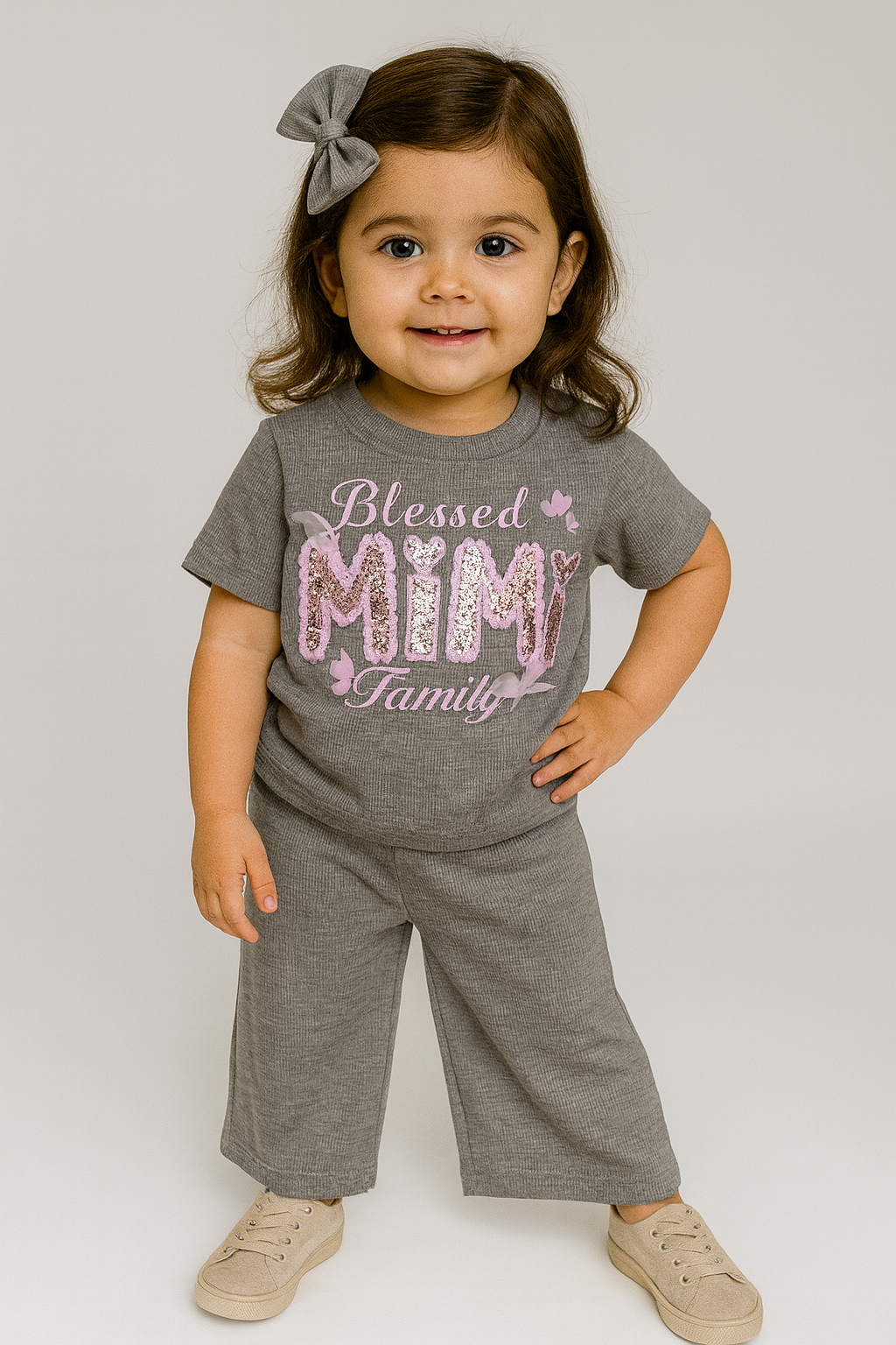✨ Blessed MIMI Family Girls’ Two-Piece Outfit – Grey with Pink Sequin Detailing ✨