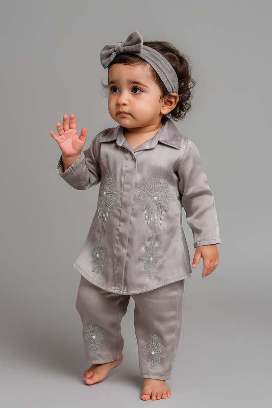Elegant Satin Baby Set – Grey Embellished