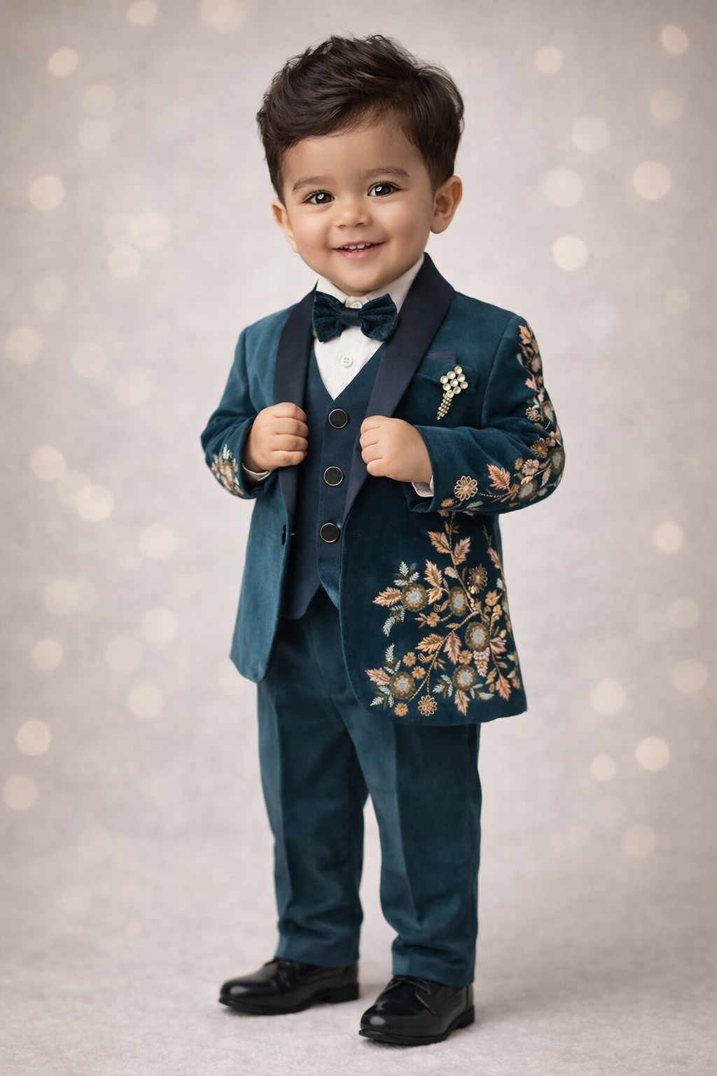 Kids Boys Luxury Velvet Suit with Embroidered Blazer & Bow – Party Wear