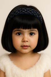 "Shine with elegance – a navy satin beaded headband that completes every look."