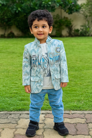 Blazer: Stylish light blue geometric print blazer with bold "Black Stone" graphic,