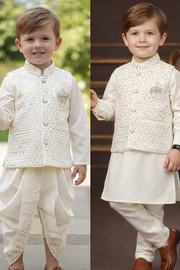 Premium Off-White Boys Dhoti Kurta Set with Sequins Jacket [4 pcs set]