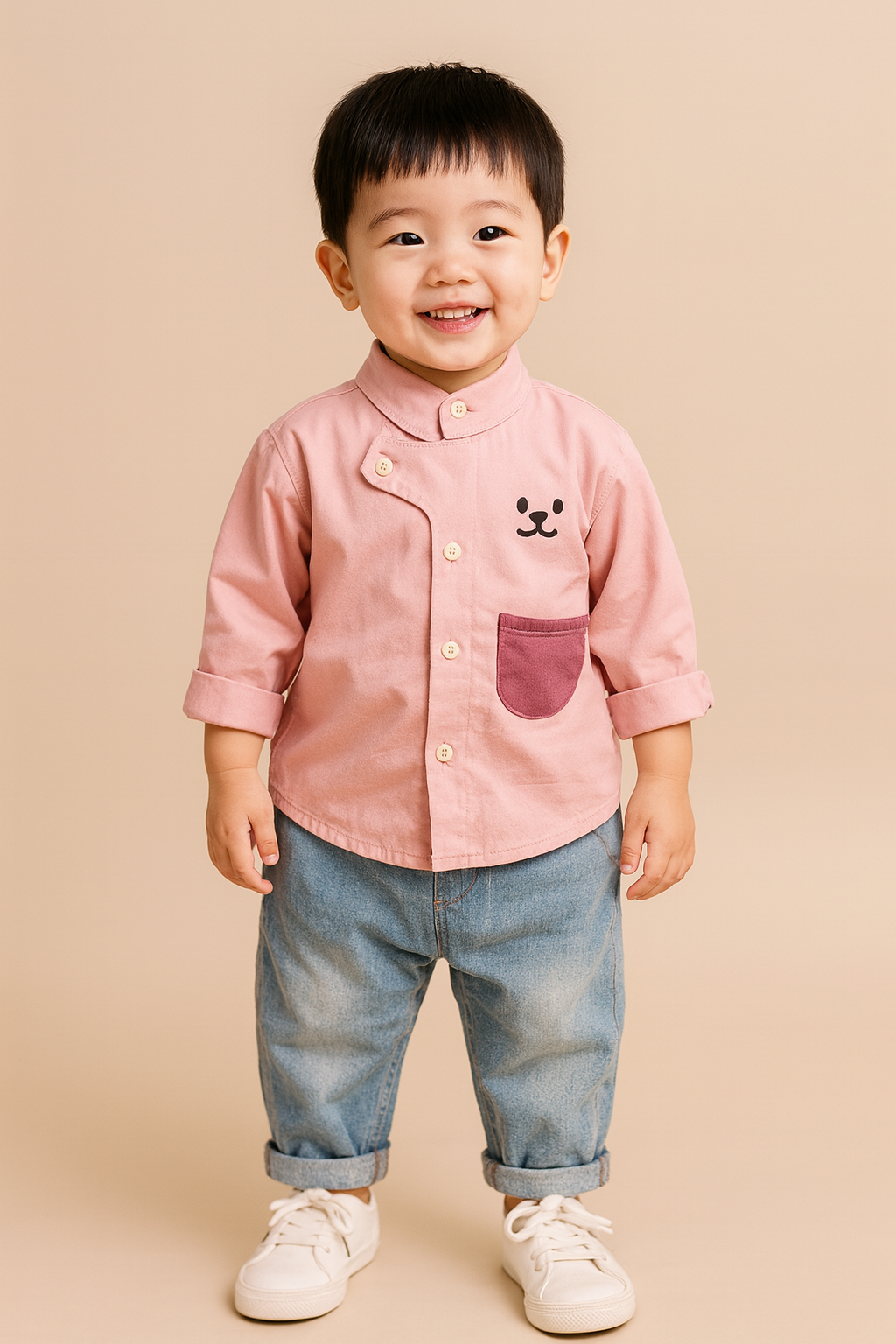 👕 Adorable Pink Bear Shirt &amp; Denim Pants Set for Boys