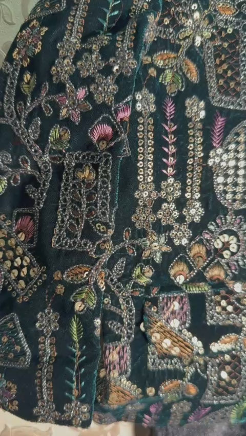 Load video: Designer Embroidered Velvet Baby Boy Outfit – Dark Peacock Green